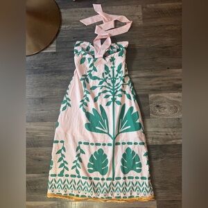 Sunday Strapless Pink Dress with Green Botanical Print